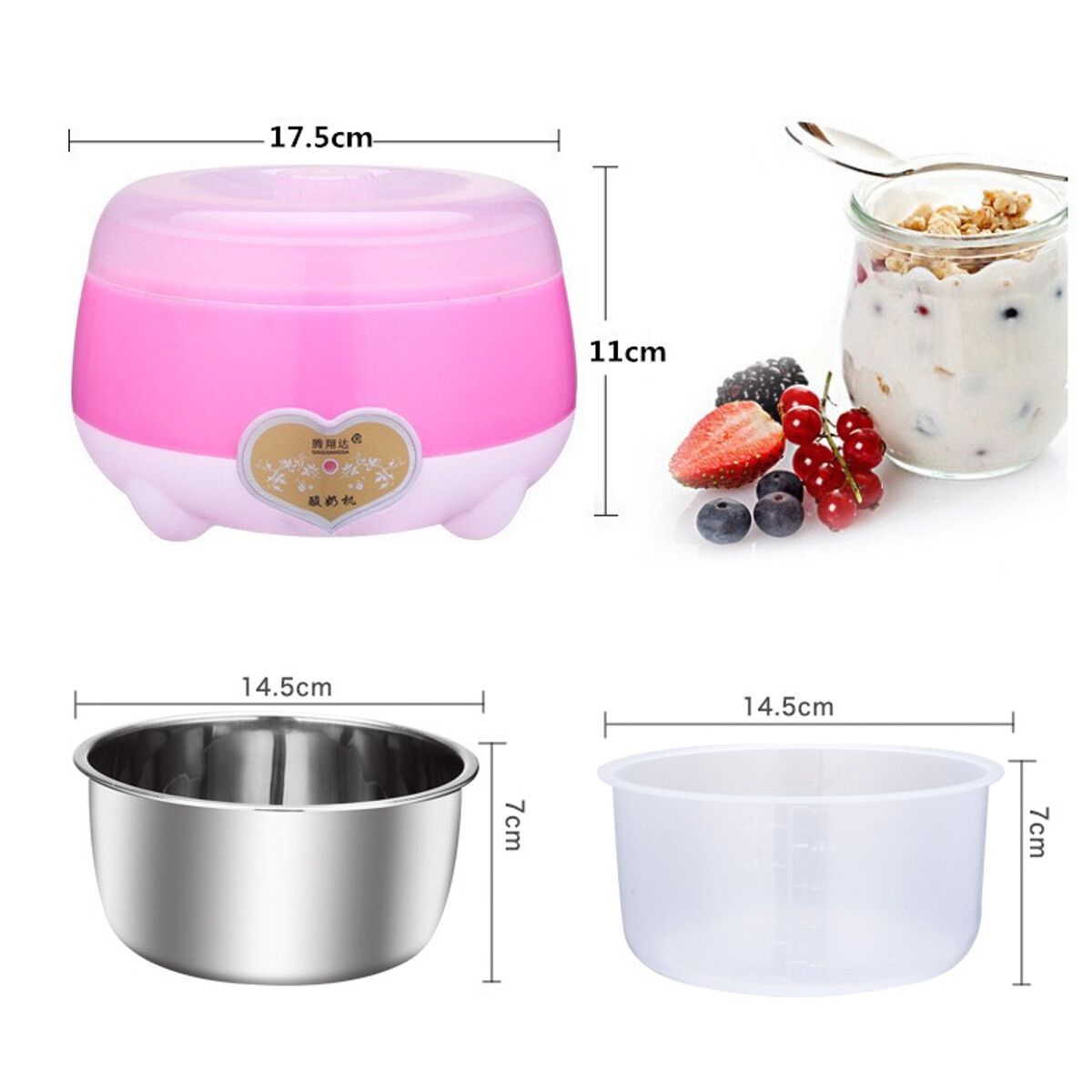 220V 1.0L Yogurt Machine Maker Household Fully Automatic Stainless Steel Small Yogurt Machine Kitchen Tools Stainless Steel Inner /Plastic Inner Pink (PP Plastic)