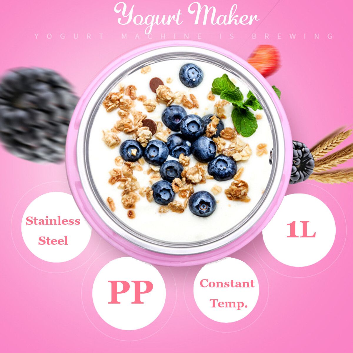 220V 1.0L Yogurt Machine Maker Household Fully Automatic Stainless Steel Small Yogurt Machine Kitchen Tools Stainless Steel Inner /Plastic Inner Pink (PP Plastic)