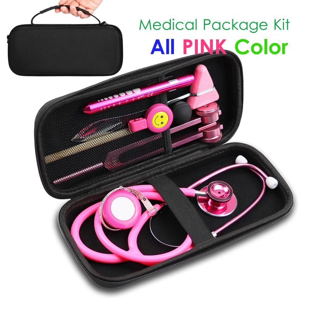 Classic Pink Home Health Monitor Storage Bag Kit With Medical Stethoscope Tuning Fork Reflex Hammer LED Penlight Tool