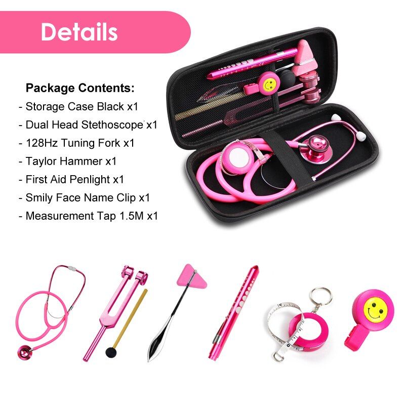 Classic Pink Home Health Monitor Storage Bag Kit With Medical Stethoscope Tuning Fork Reflex Hammer LED Penlight Tool