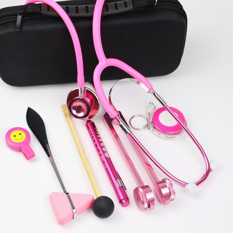 Classic Pink Home Health Monitor Storage Bag Kit With Medical Stethoscope Tuning Fork Reflex Hammer LED Penlight Tool