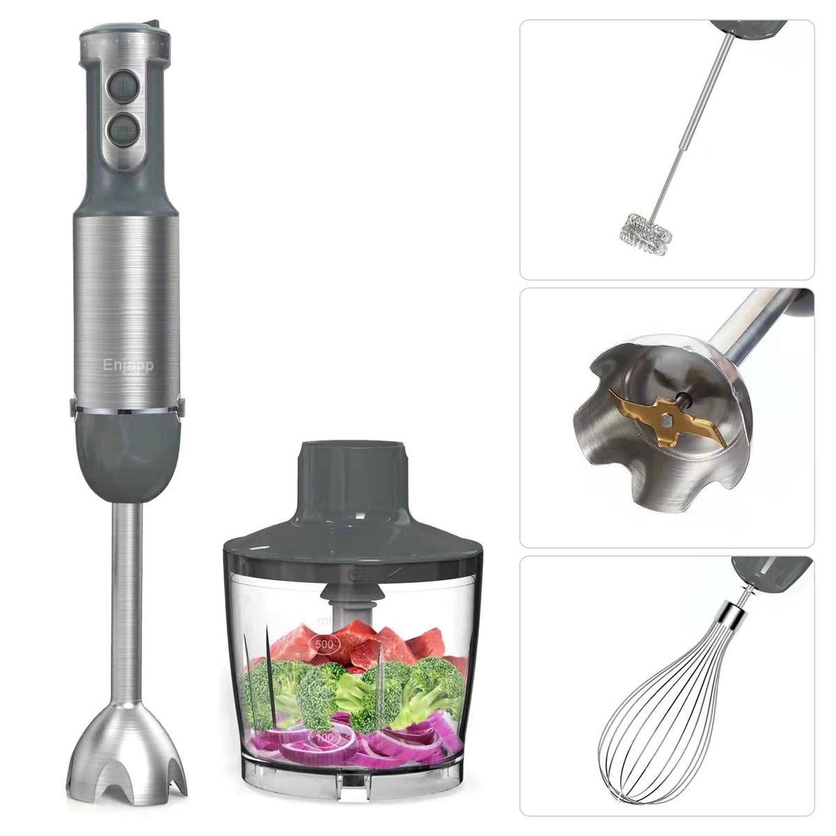 Multi-Functional  5-in-1 Hand Blender Stick Blender Milk Frother Egg Whisk with Adjustable Speeds 500ml Food Grinder/ 600ml Container