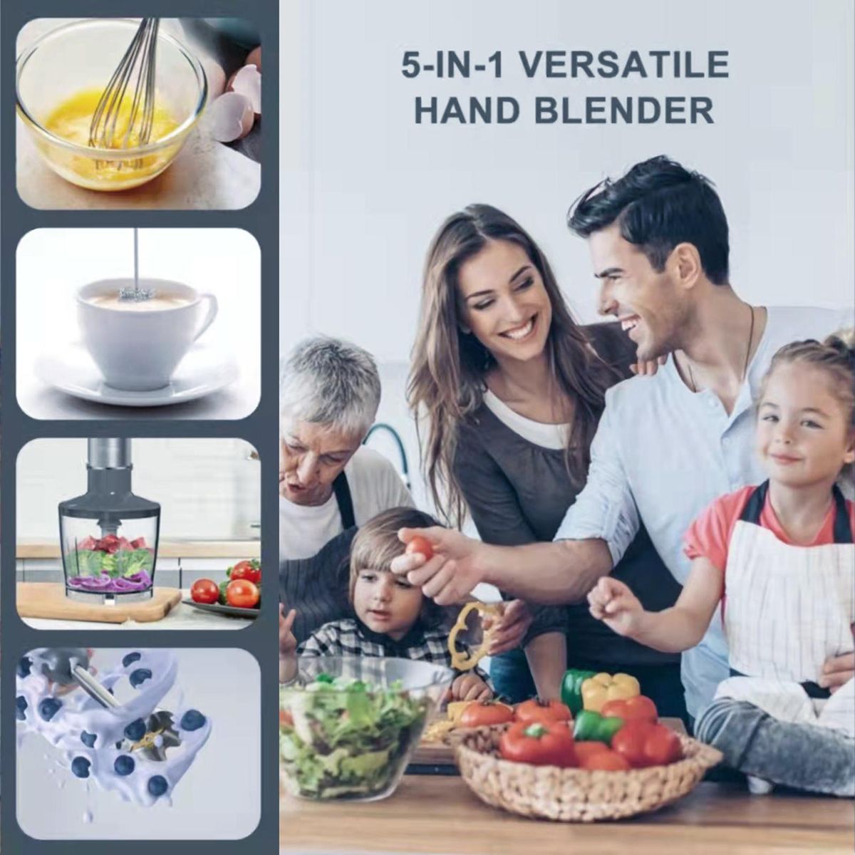 Multi-Functional  5-in-1 Hand Blender Stick Blender Milk Frother Egg Whisk with Adjustable Speeds 500ml Food Grinder/ 600ml Container