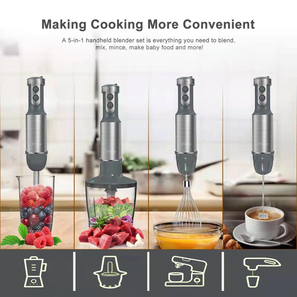 Multi-Functional  5-in-1 Hand Blender Stick Blender Milk Frother Egg Whisk with Adjustable Speeds 500ml Food Grinder/ 600ml Container