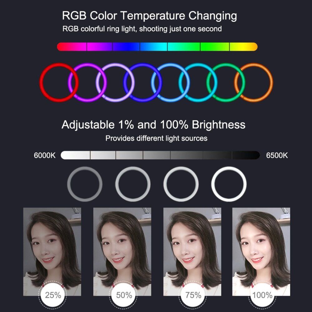 Portable LED Ring Light Dimmable Mode Bluetooth APP Control Remote Control With Tripod Stand For Selfie Photo Vlog Video Makeup Live Streaming Black
