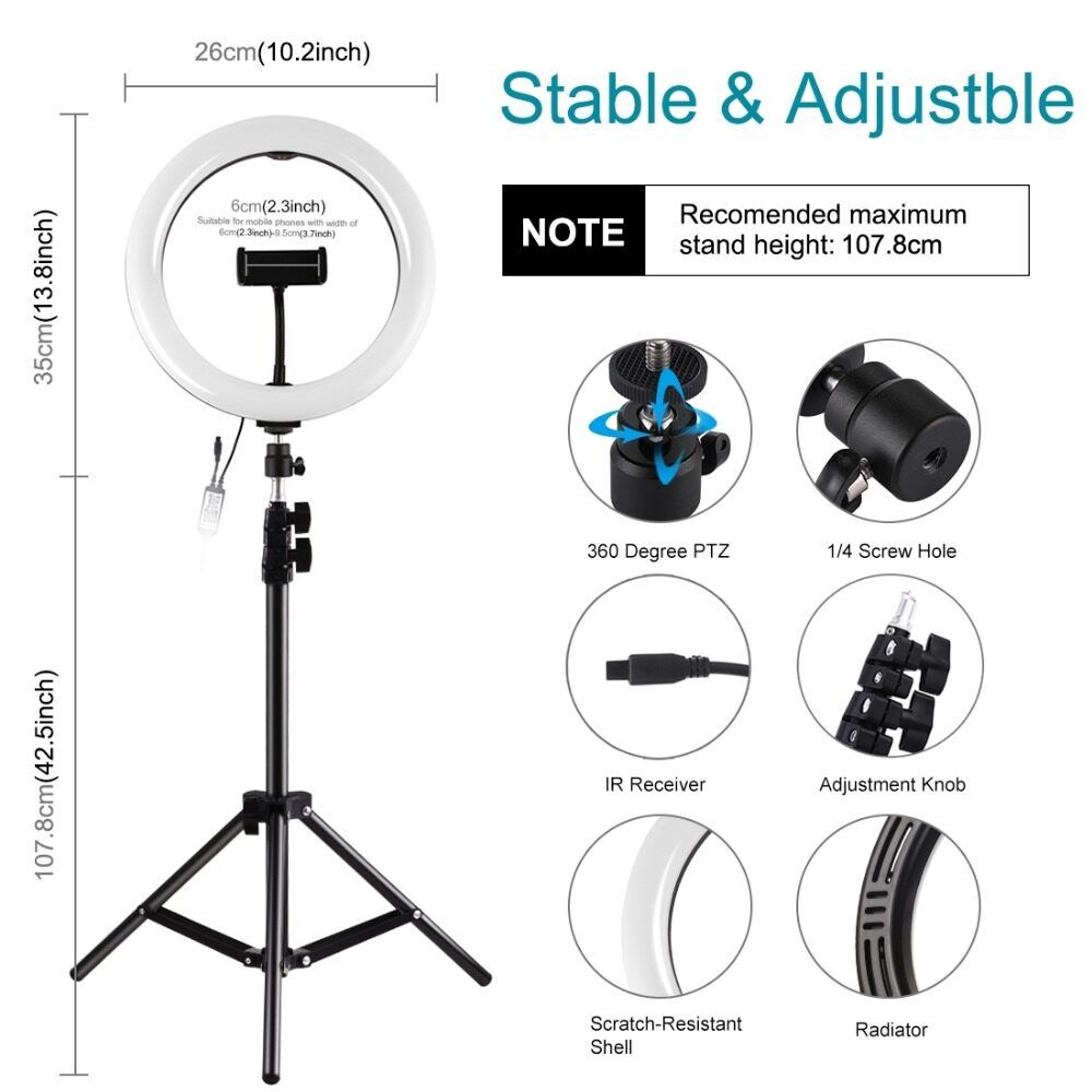 Portable LED Ring Light Dimmable Mode Bluetooth APP Control Remote Control With Tripod Stand For Selfie Photo Vlog Video Makeup Live Streaming Black