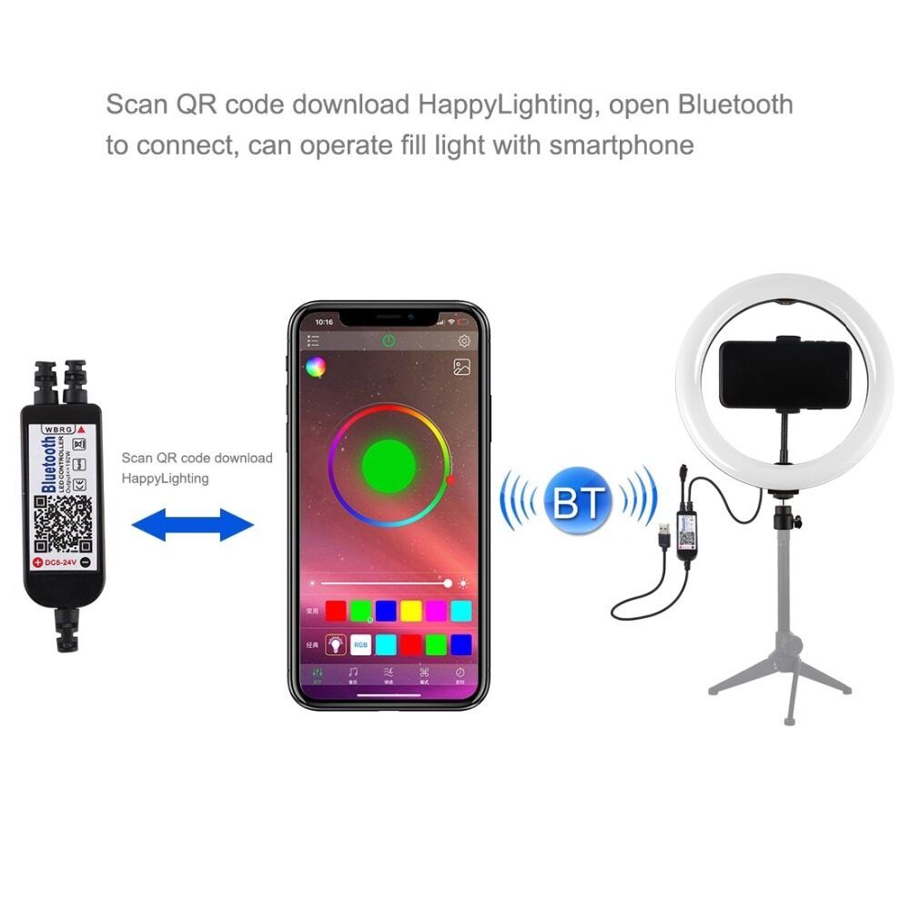Portable LED Ring Light Dimmable Mode Bluetooth APP Control Remote Control With Tripod Stand For Selfie Photo Vlog Video Makeup Live Streaming Black