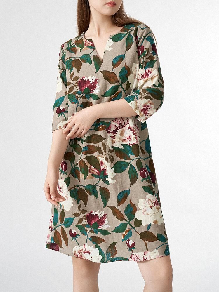 Allover Flower Leaves Print V-neck 3/4 Sleeve Dress