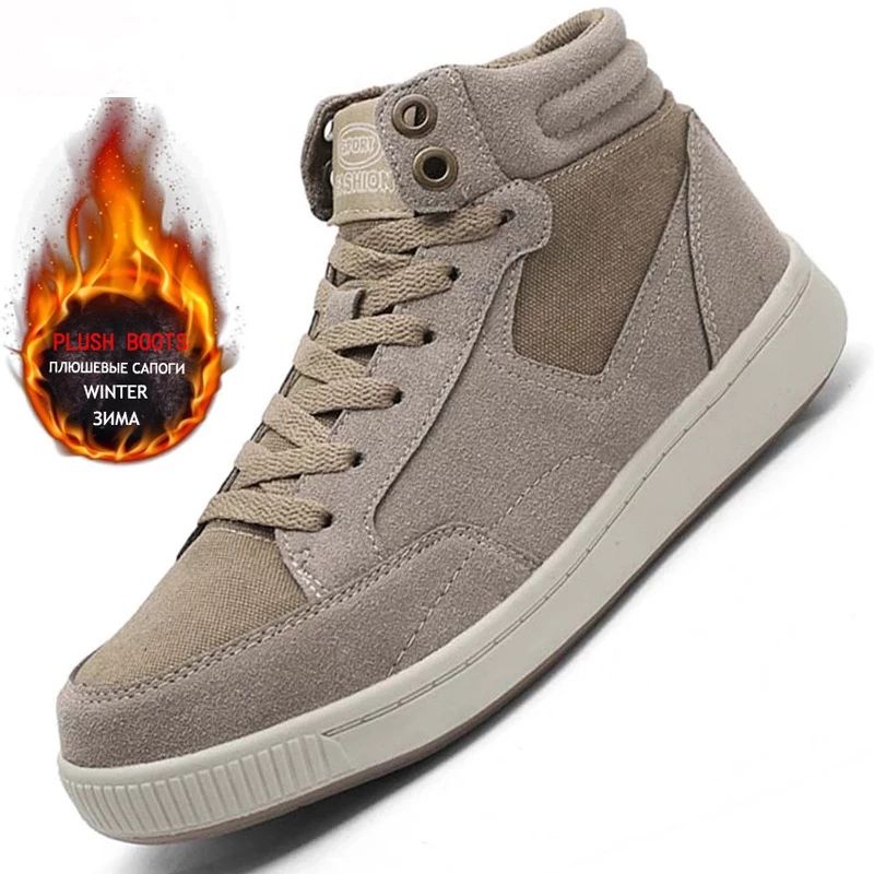 Big Size 49 Winter Men's Snow Boots Suede Outdoor Breathable Men's Sneakers Fur Warm Comfortable Snow Shoes Outdoor Men's Boots-Khaki