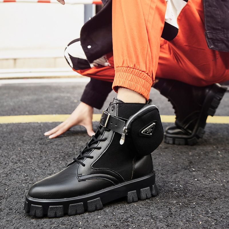 Pocket Boots For Men Boots High Top Men Single Boots Martin Boots Soft Boots Autumn Ankle Boots Men Shoes-Black