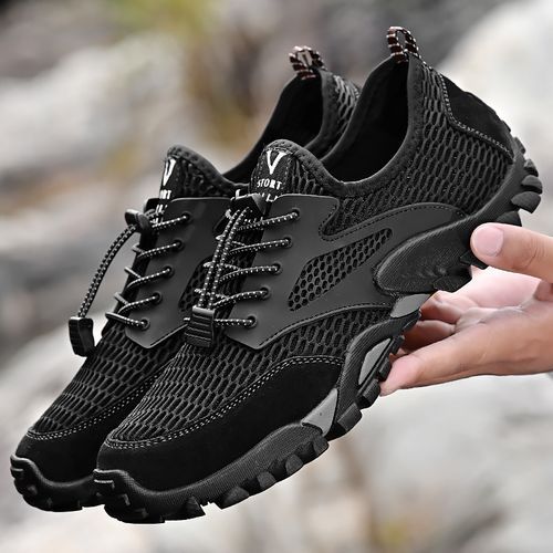 Summer Breathable Men Hiking Shoes Big Size 38-46 Suede+Mesh Outdoor Men Sneakers Climbing Shoes Men Sport Shoes Quick-dry Water Shoes Black