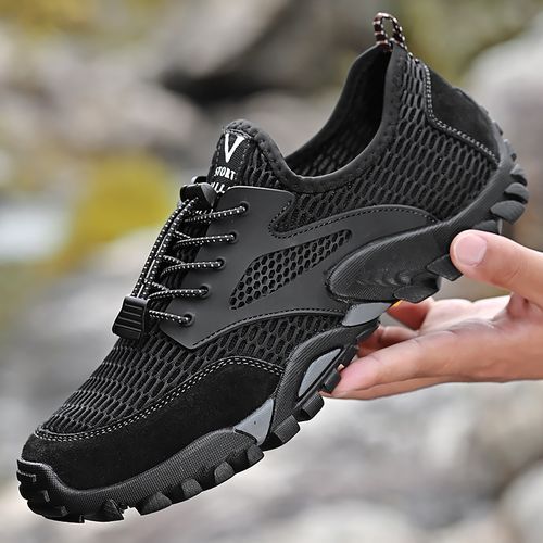 Summer Breathable Men Hiking Shoes Big Size 38-46 Suede+Mesh Outdoor Men Sneakers Climbing Shoes Men Sport Shoes Quick-dry Water Shoes Black
