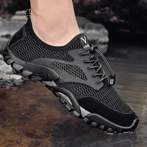 Summer Breathable Men Hiking Shoes Big Size 38-46 Suede+Mesh Outdoor Men Sneakers Climbing Shoes Men Sport Shoes Quick-dry Water Shoes Black