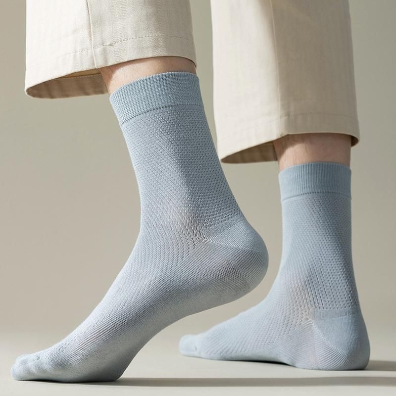10 Pair Pure Cotton Mesh Mens Socks Summer Crew Thin Antibacterial Deodorant Black Casual Long Mid Tube Dress Socks Spring
