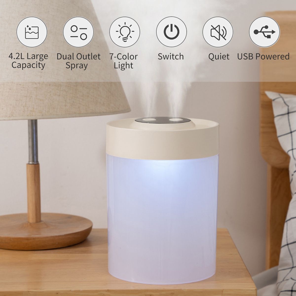 Mist Humidifier Diffuser With 7-Color Night Light 4.2L Large
