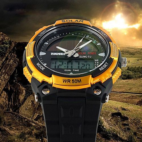 Solar Power Watch Men Sports Watches 2 Time Zone Digital Quartz