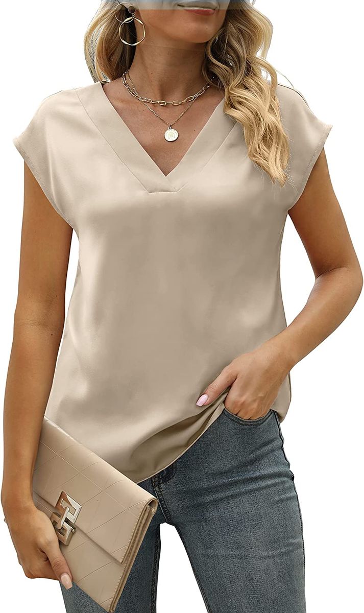 Women's Cap Short Sleeve Satin Top Ladies V-neck Silk  Blouse Loose Fit Shirt