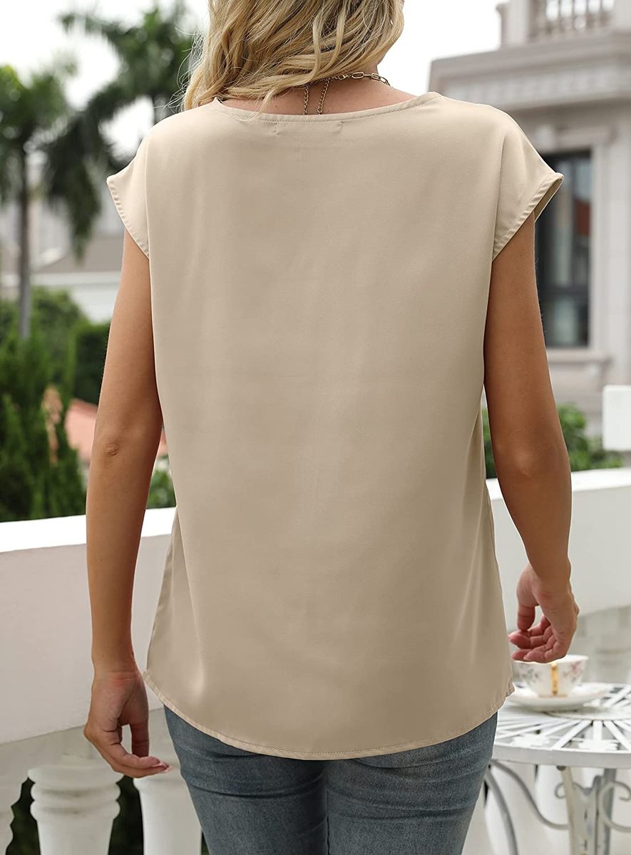 Women's Cap Short Sleeve Satin Top Ladies V-neck Silk  Blouse Loose Fit Shirt