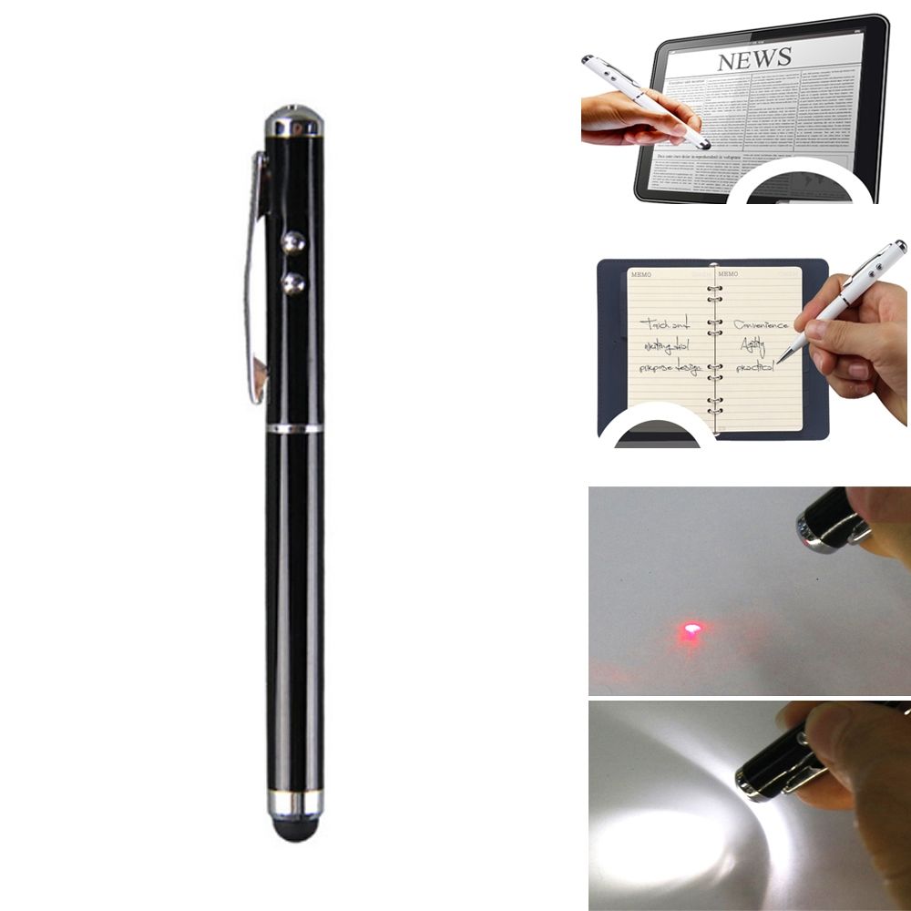 4 In 1 Phone Tablet Universal Handwriting Touch Screen Pen With Common Writing Pen & Red Laser & LED Light Function(Black)