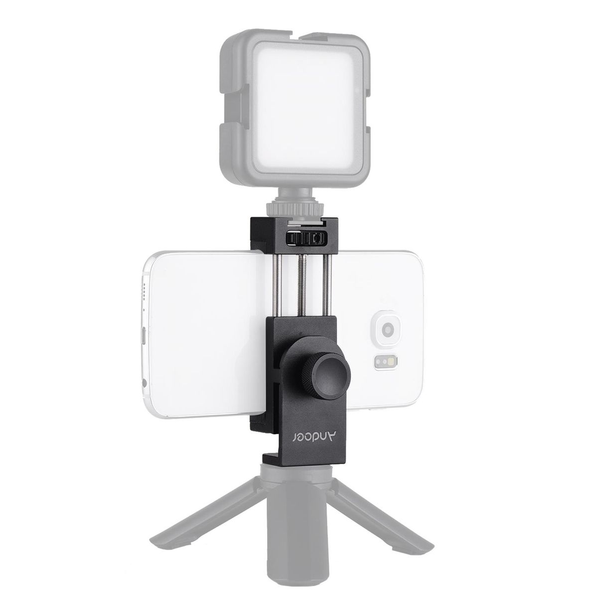 Andoer All Metal Phone Holder Tripod Mount Adapter with Cold Shoe Mounting Microphone LED Video Light Support Vertical and Horizontal Modes