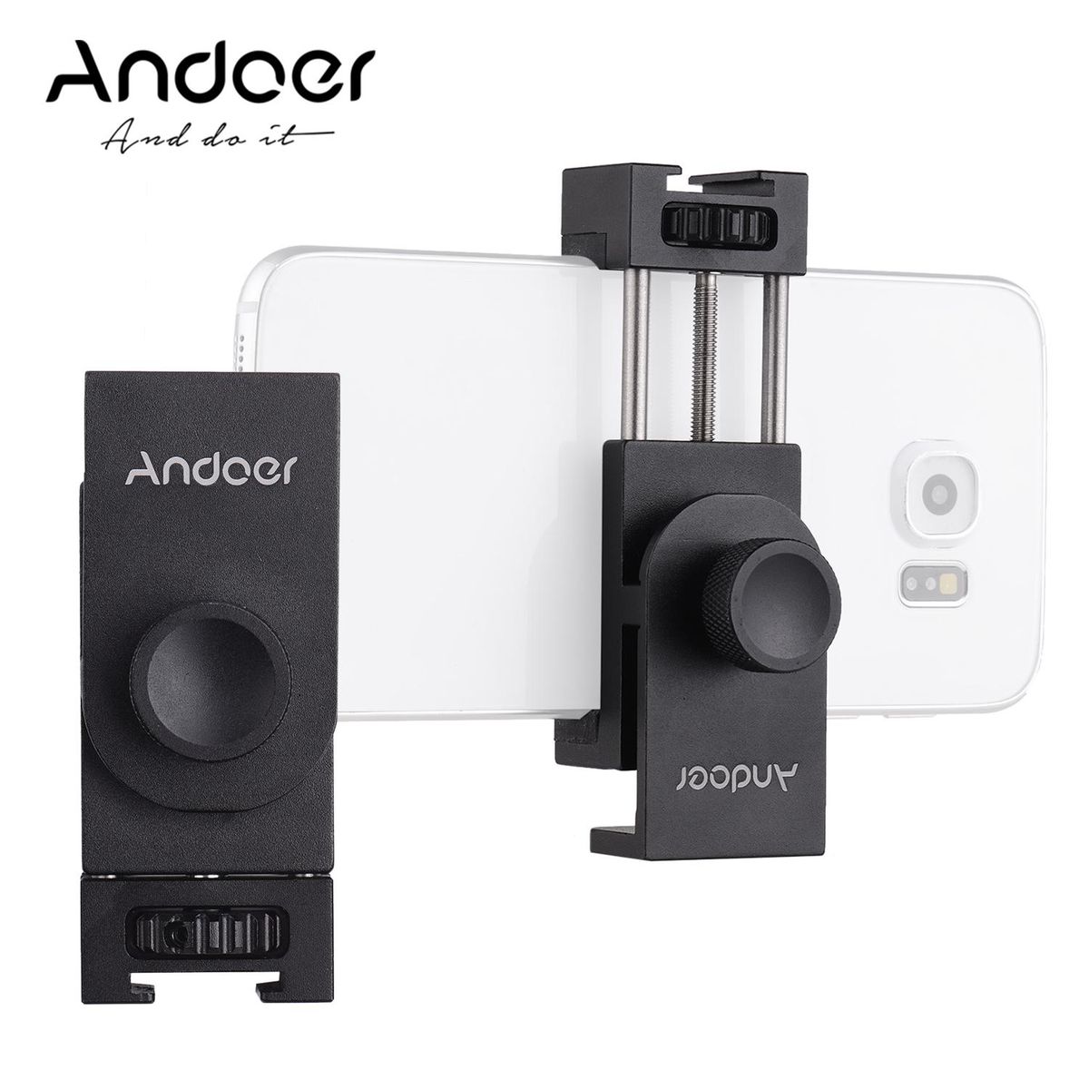 Andoer All Metal Phone Holder Tripod Mount Adapter with Cold Shoe Mounting Microphone LED Video Light Support Vertical and Horizontal Modes