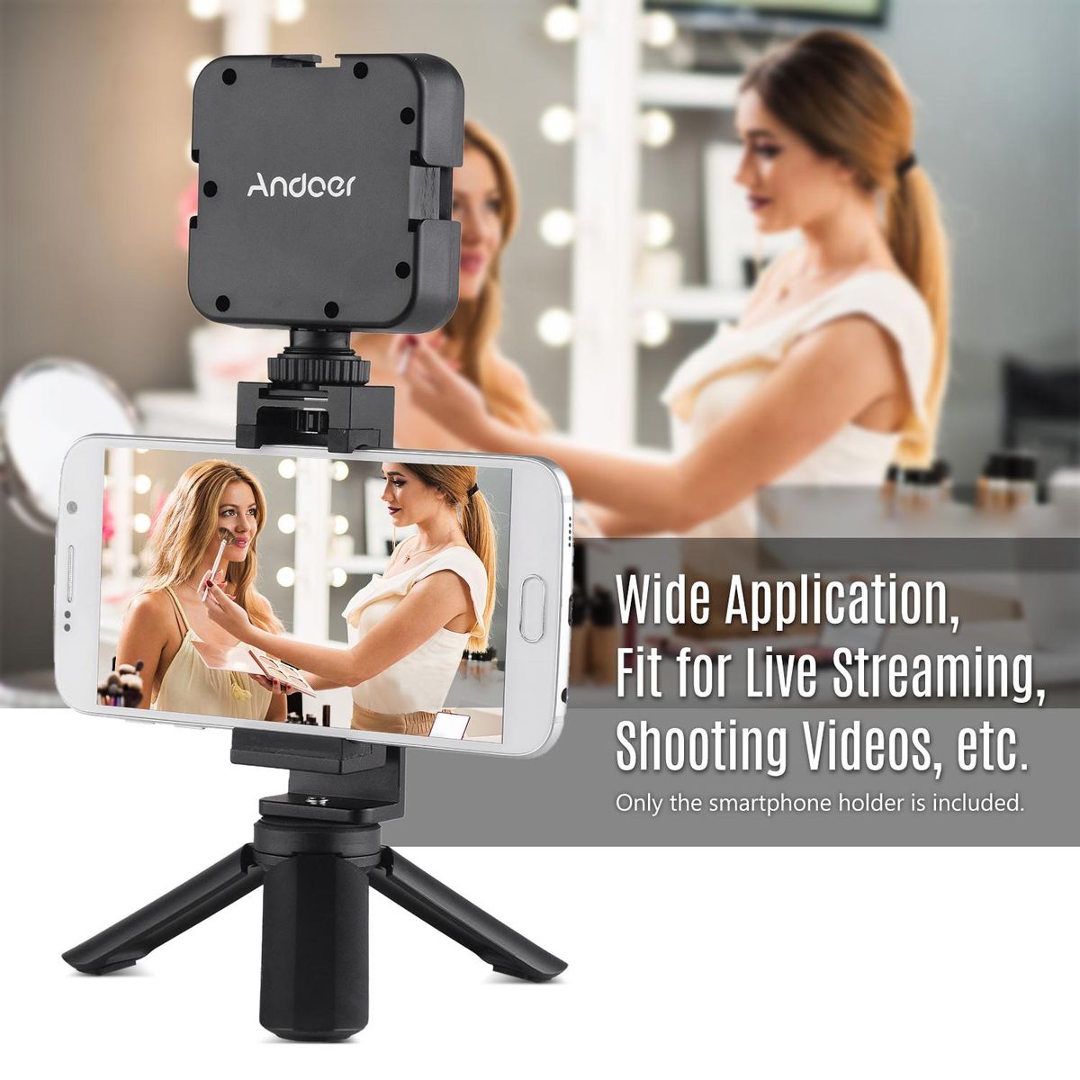 Andoer All Metal Phone Holder Tripod Mount Adapter with Cold Shoe Mounting Microphone LED Video Light Support Vertical and Horizontal Modes