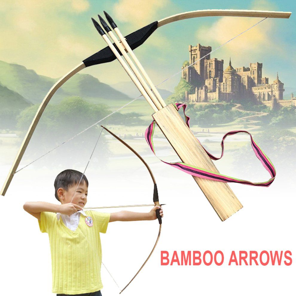 Hildren Kid Ar Hery Role Play 60 M Arrows Quiver Wooden Safe Bow Set-wood Color