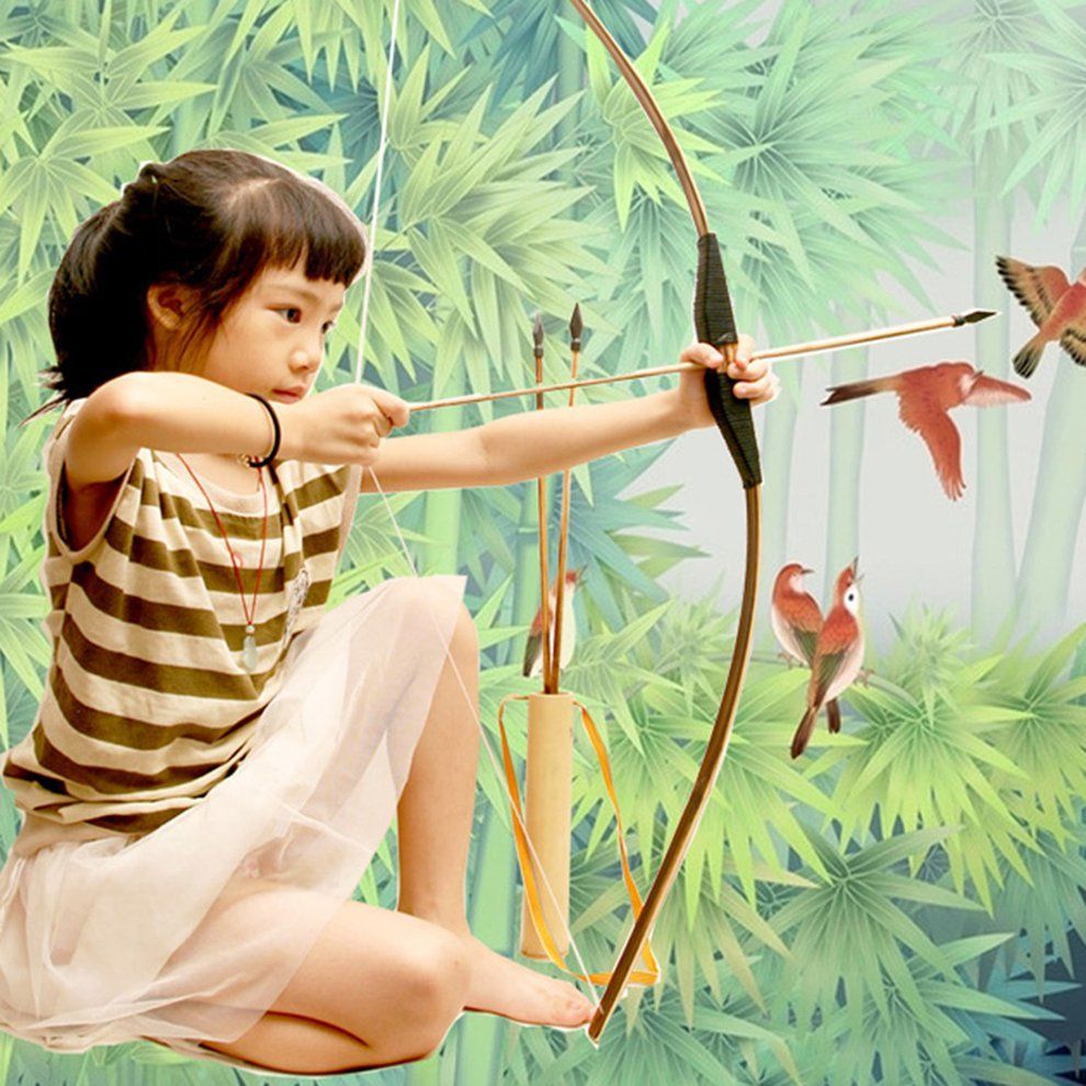 Hildren Kid Ar Hery Role Play 60 M Arrows Quiver Wooden Safe Bow Set-wood Color