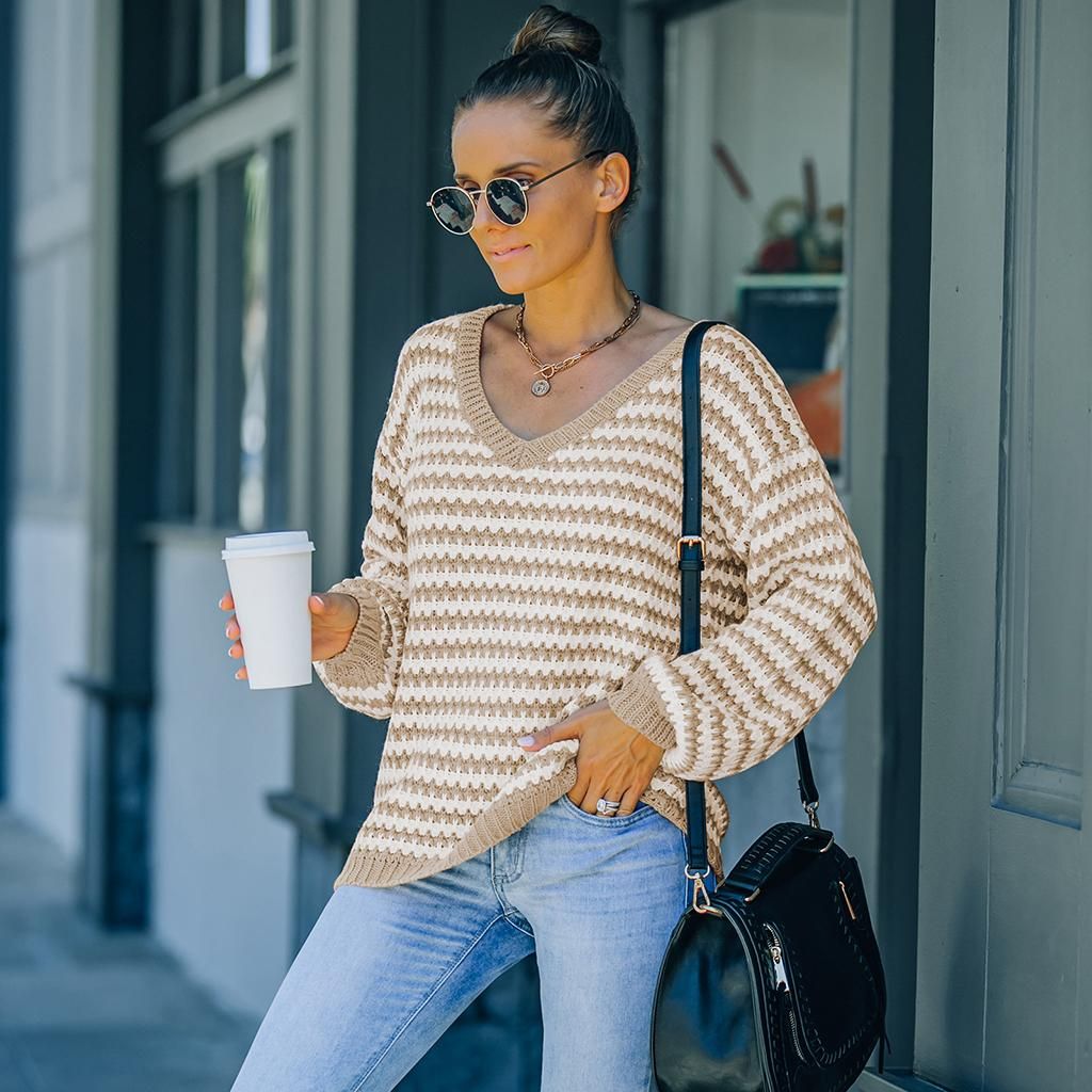 Womens Winter V Neck Tops Knitted Ladies Casual Sweater Jumper Khaki L