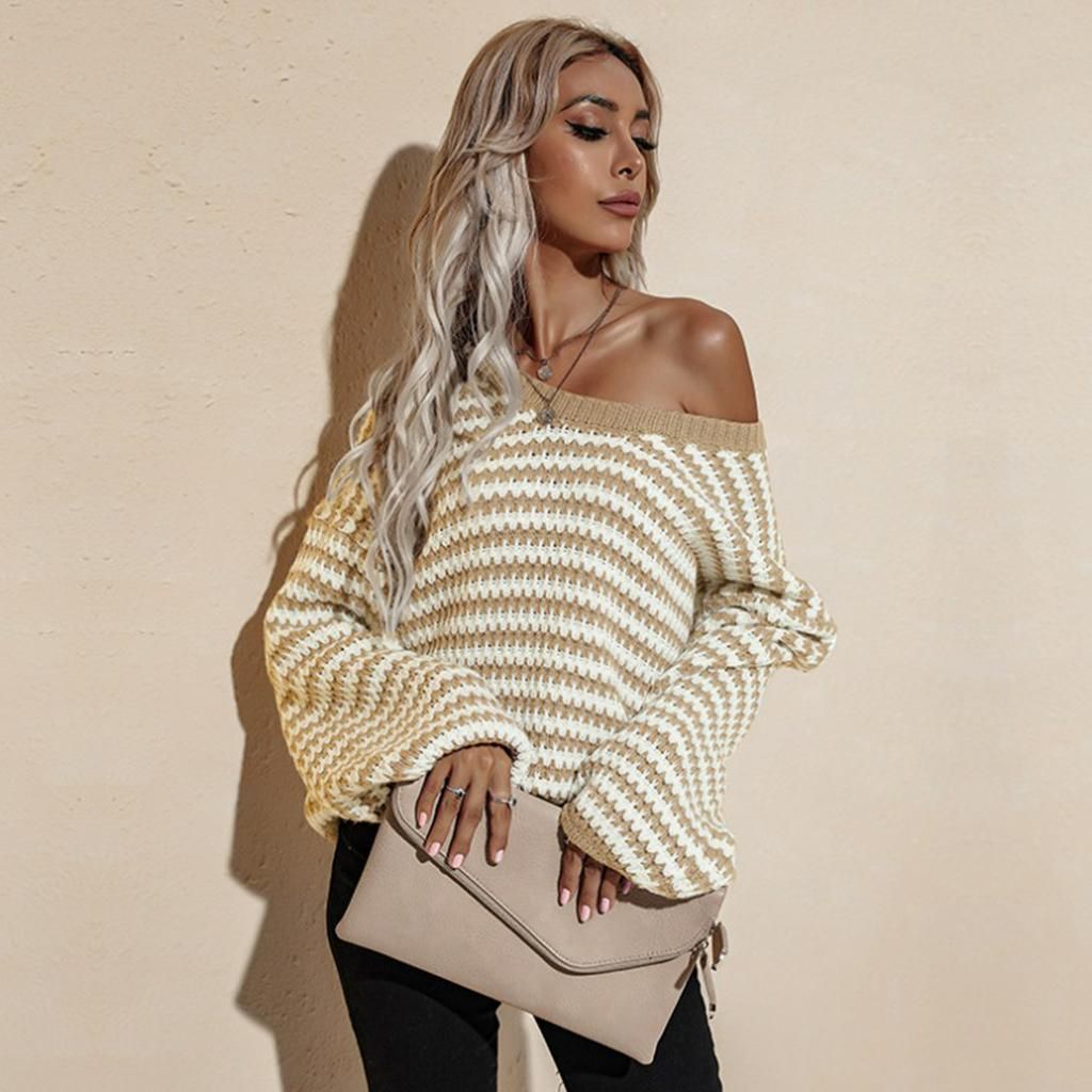 Womens Winter V Neck Tops Knitted Ladies Casual Sweater Jumper Khaki L