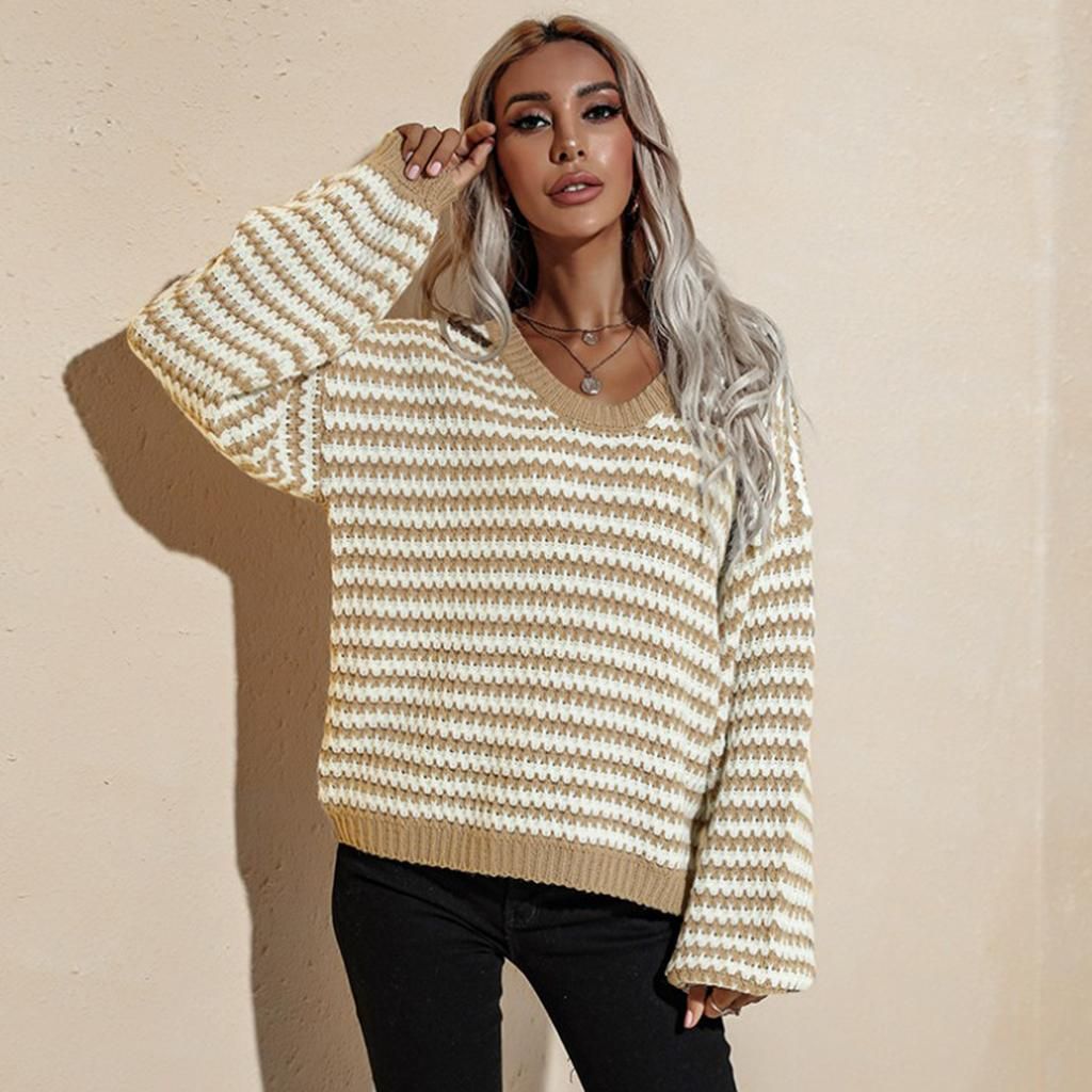 Womens Winter V Neck Tops Knitted Ladies Casual Sweater Jumper Khaki L