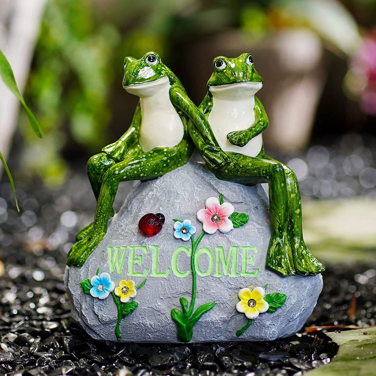 Solar Couple Frog Statue Outdoor Figurine Lights