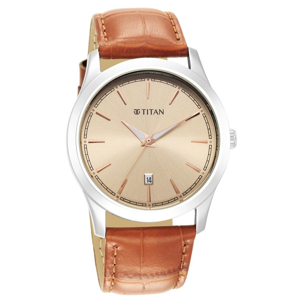Classic Men's Watch With Rose Gold Dial And Genuine Leather Strap