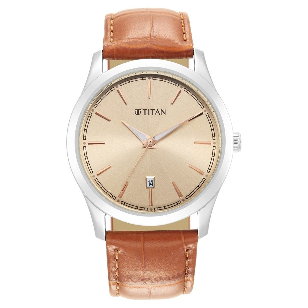 Classic Men's Watch With Rose Gold Dial And Genuine Leather Strap