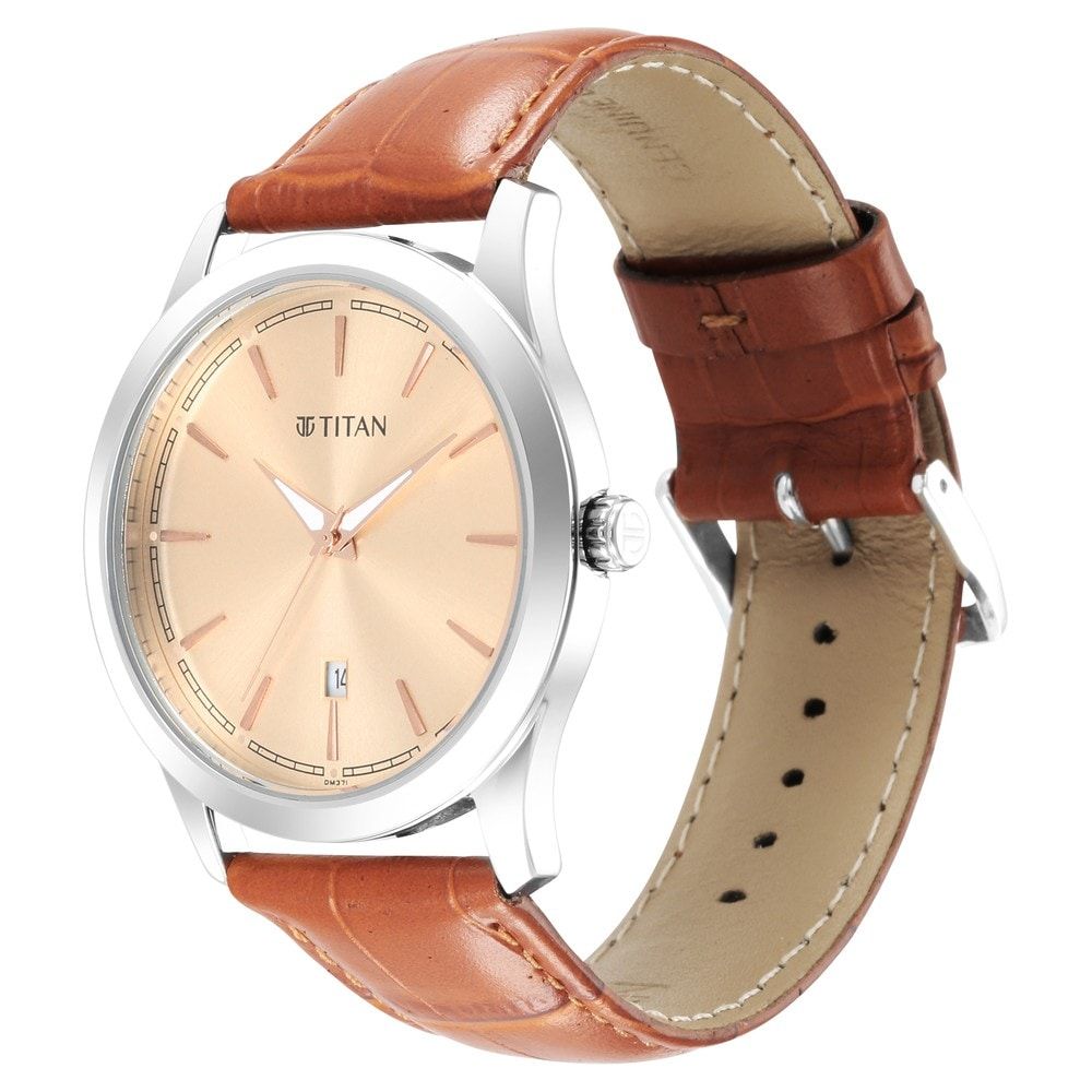 Classic Men's Watch With Rose Gold Dial And Genuine Leather Strap