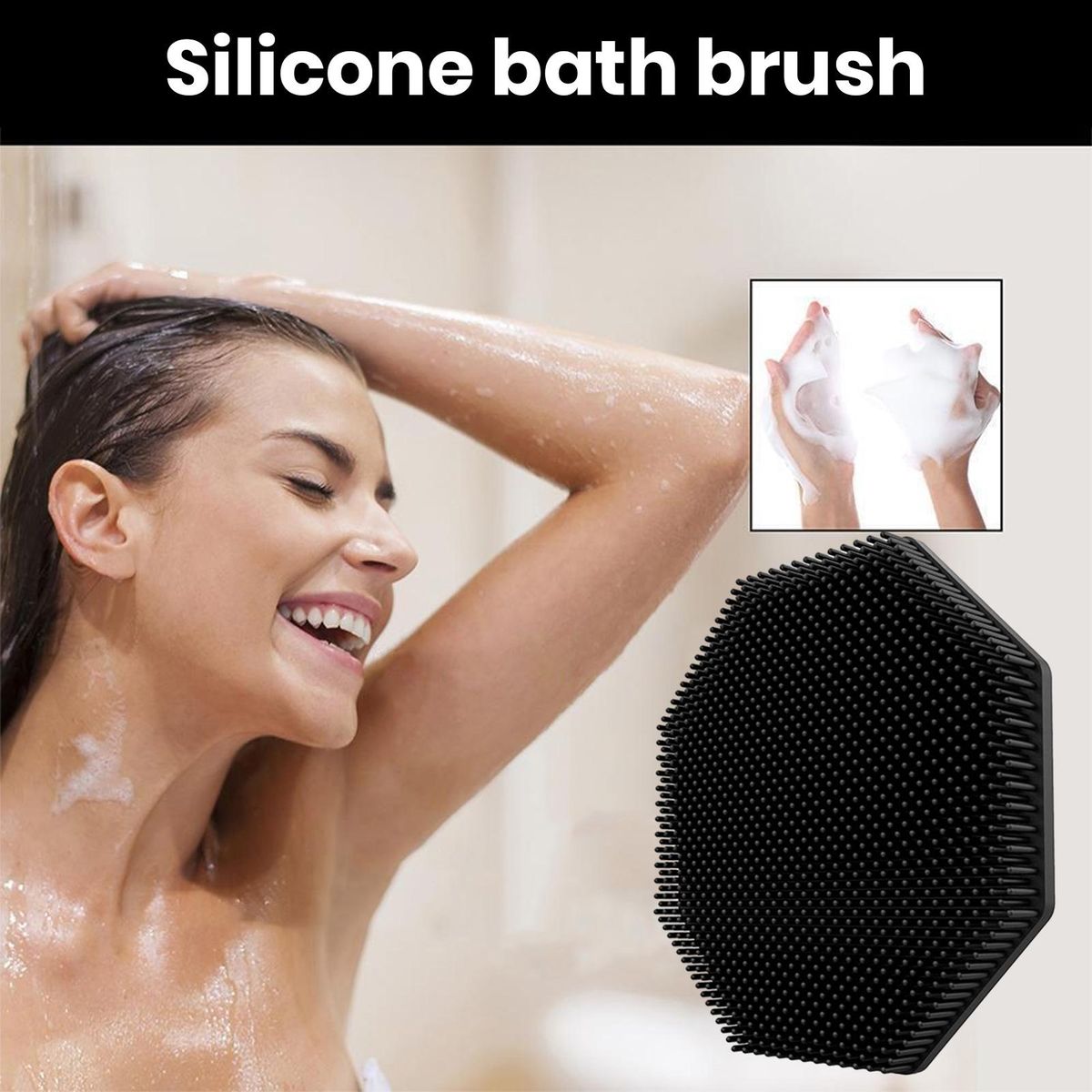 Silicone Shower Brush Silicone Body Scrubber with Handle for Massage Black