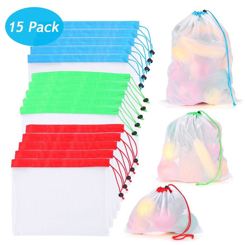 15 PCS Reusable Produce Bags 3 Sizes Washable Mesh Storage