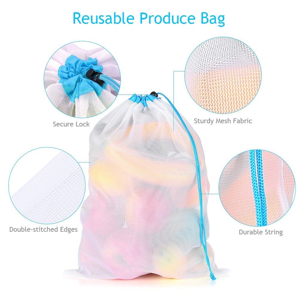 15 PCS Reusable Produce Bags 3 Sizes Washable Mesh Storage
