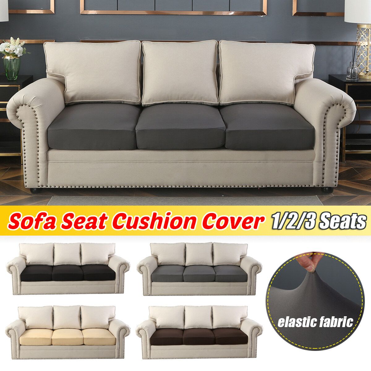 1/2/3 Seats Stretch Sofa Seat Cushion Cover Protector Elastic Washable Removable Black