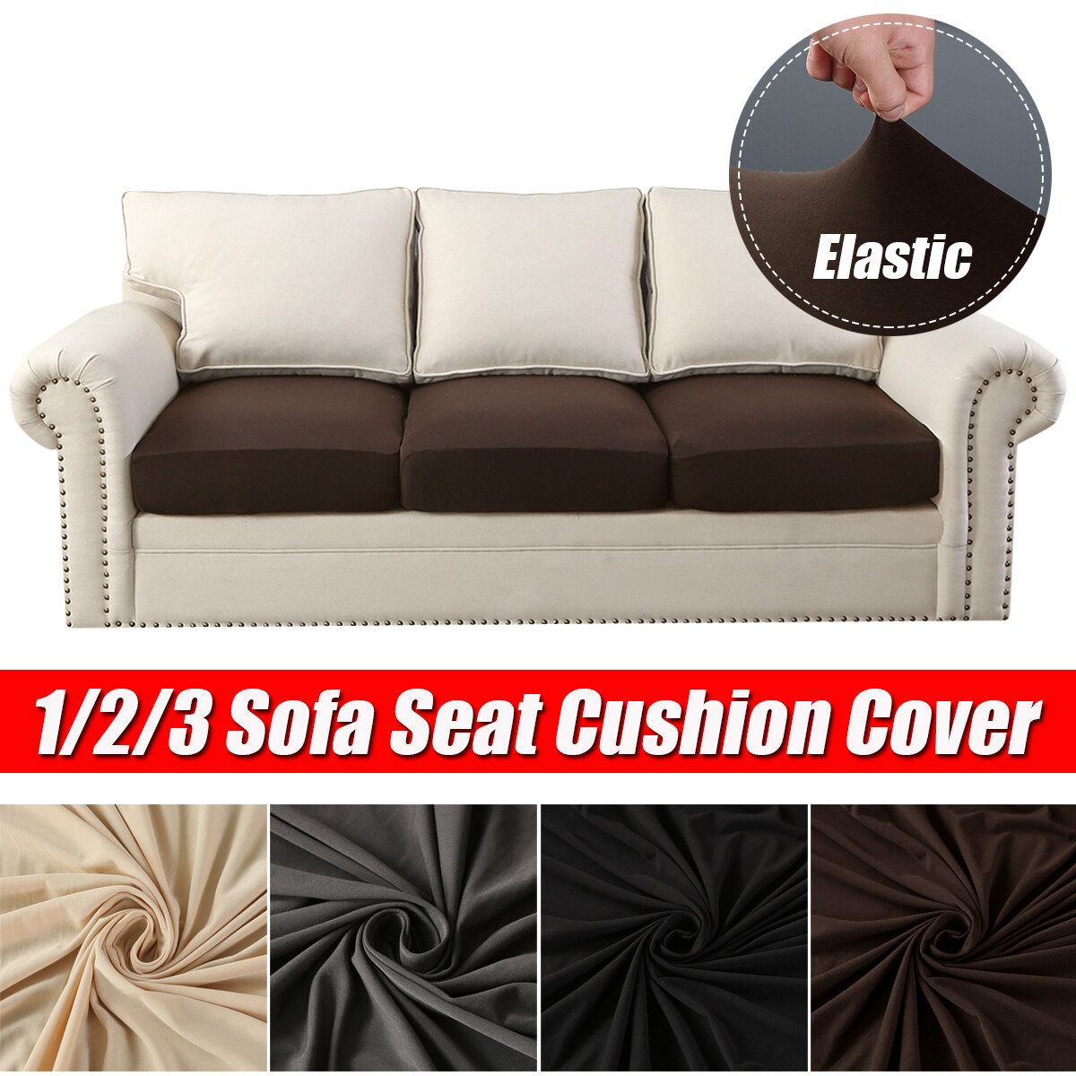 1/2/3 Seats Stretch Sofa Seat Cushion Cover Protector Elastic Washable Removable Black
