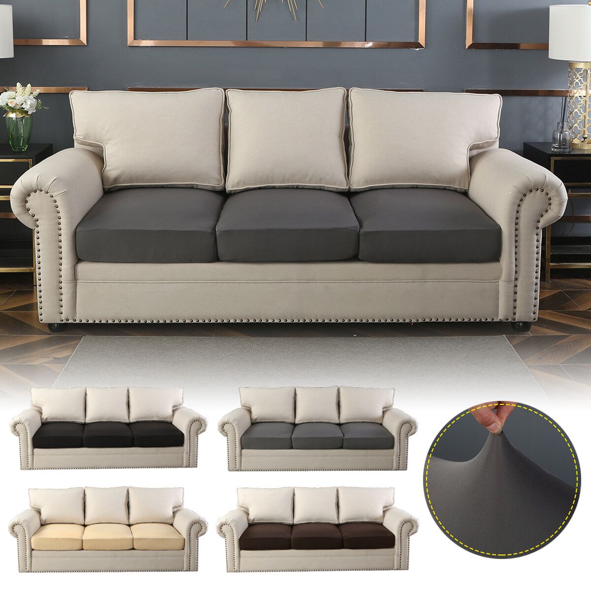 1/2/3 Seats Stretch Sofa Seat Cushion Cover Protector Elastic Washable Removable Black