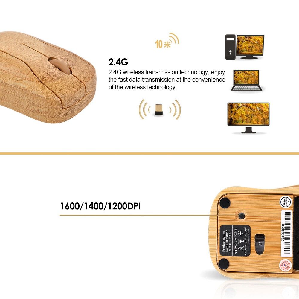 2.4G Wireless Optical Bamboo Mouse 3 Adjustable DPI Computer