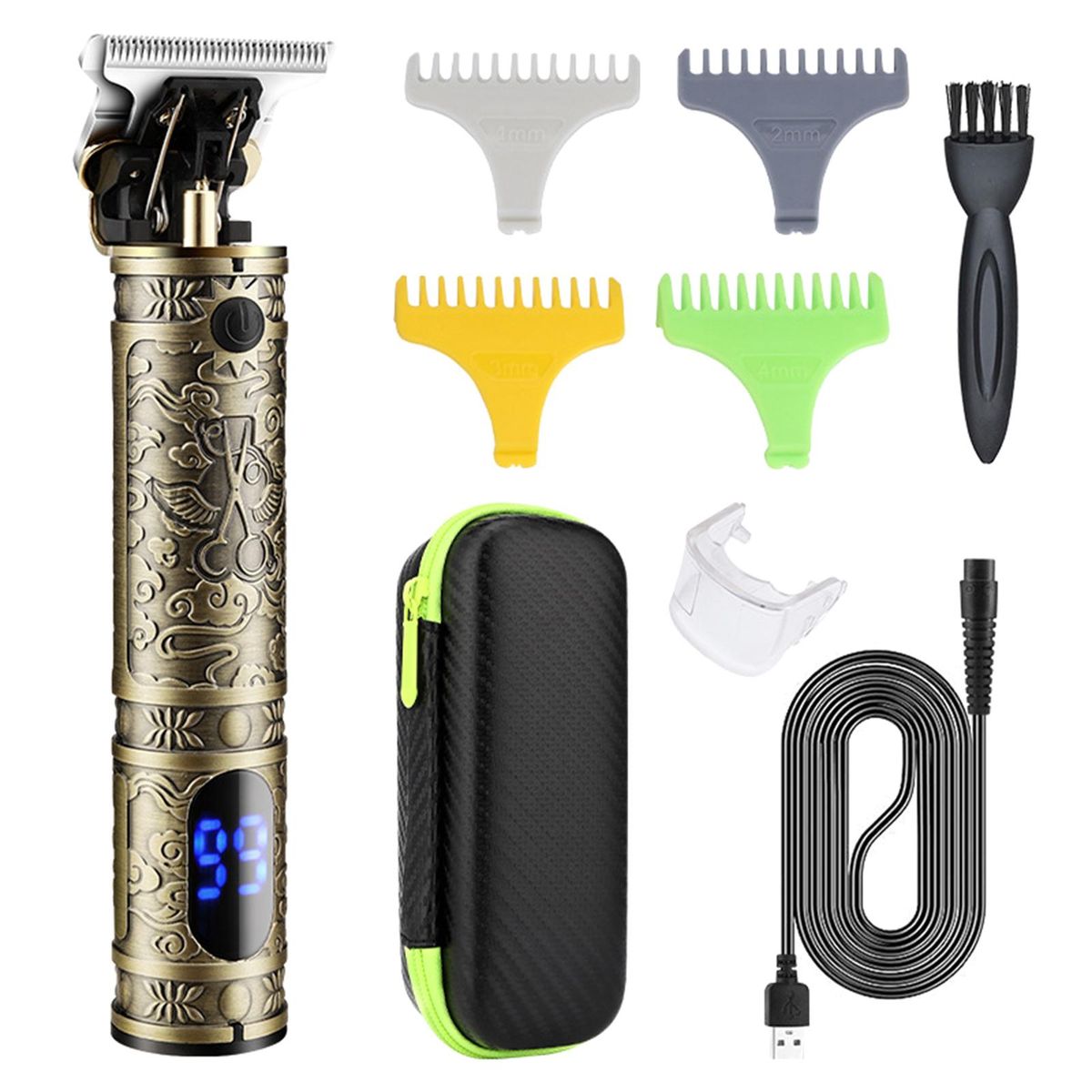 Men Hair C-lippers Cordless Barber Hair Cutting Machine Kit Beard Trimmer Haircut Grooming Set T-Blade Trimmer USB Operated/ LEDs Digital Display/ Built-in 1500mAh High Capacity Rechargeable Cell/ 1mm/ 2mm/ 3mm/ 4mm Frame Lim