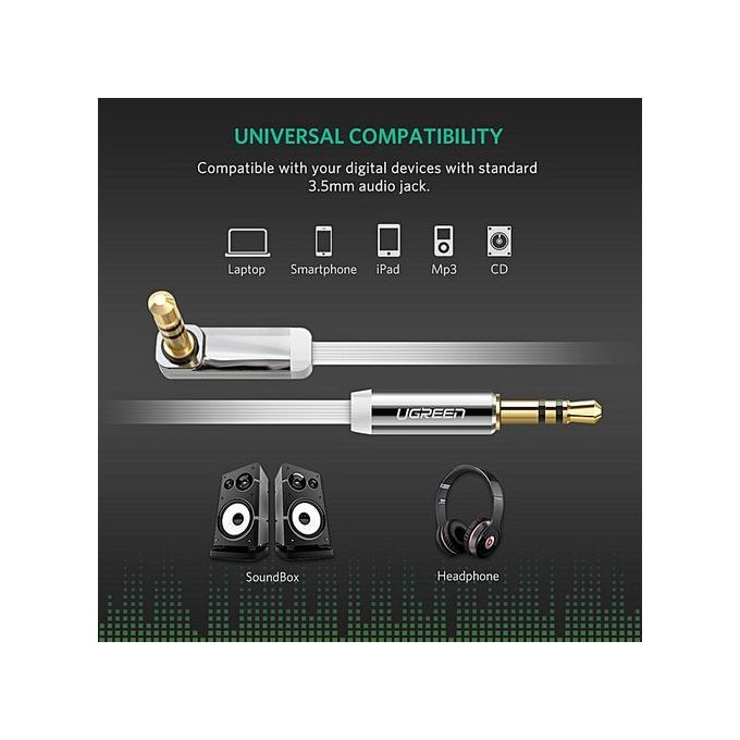 1.5 Meter 3.5mm Auxiliary Audio Jack To Jack Cable 90 Degree Right Angle For Apple IPhone, IPod, IPad, Samsung, Smartphones, Tablets And Speakers (White) By HonTai