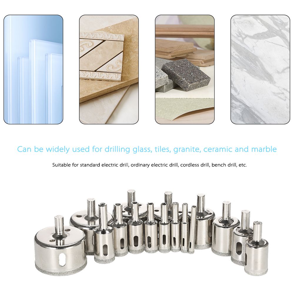 16PCS 6-50mm Glass Hole Saw Kit Diamond Coated Core Hole Saw