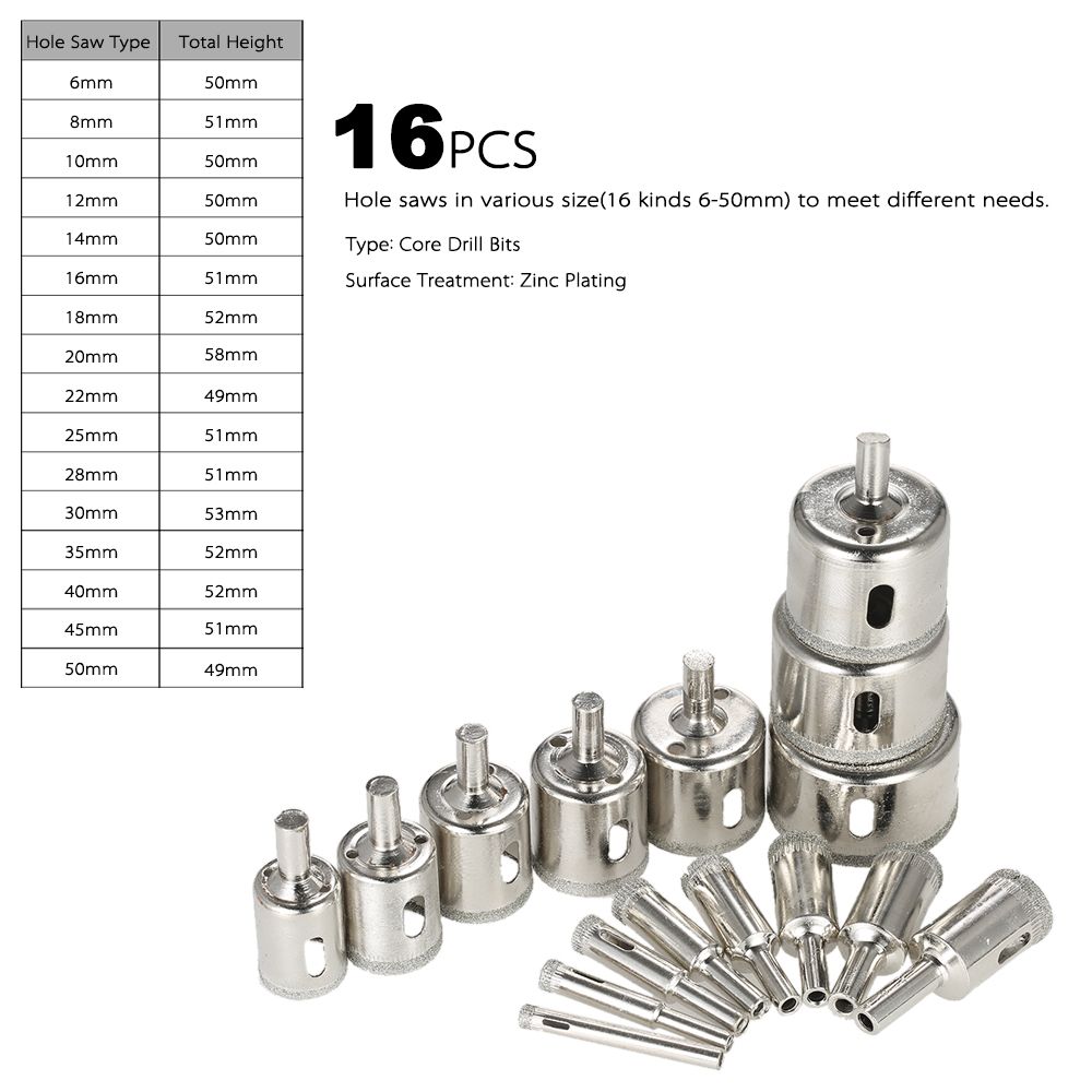 16PCS 6-50mm Glass Hole Saw Kit Diamond Coated Core Hole Saw
