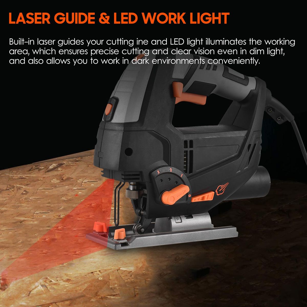 800W 6.7A Electric Jigsaw 3000SPM Variable Speed Jig Saw with 6 Blades for Wood Plastic Metal Cutting, 45-degree Bevel Cutting, 4 Orbital Sets, Laser Guide LED Light, Scale Ruler, Dust Vacuuming Port