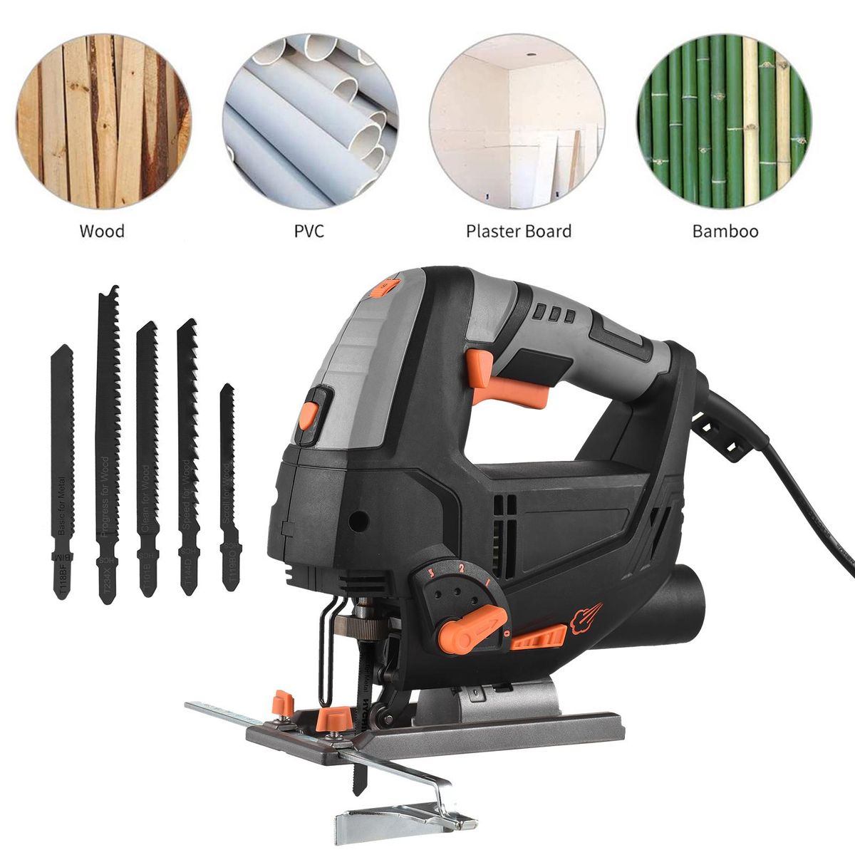 800W 6.7A Electric Jigsaw 3000SPM Variable Speed Jig Saw with 6 Blades for Wood Plastic Metal Cutting, 45-degree Bevel Cutting, 4 Orbital Sets, Laser Guide LED Light, Scale Ruler, Dust Vacuuming Port