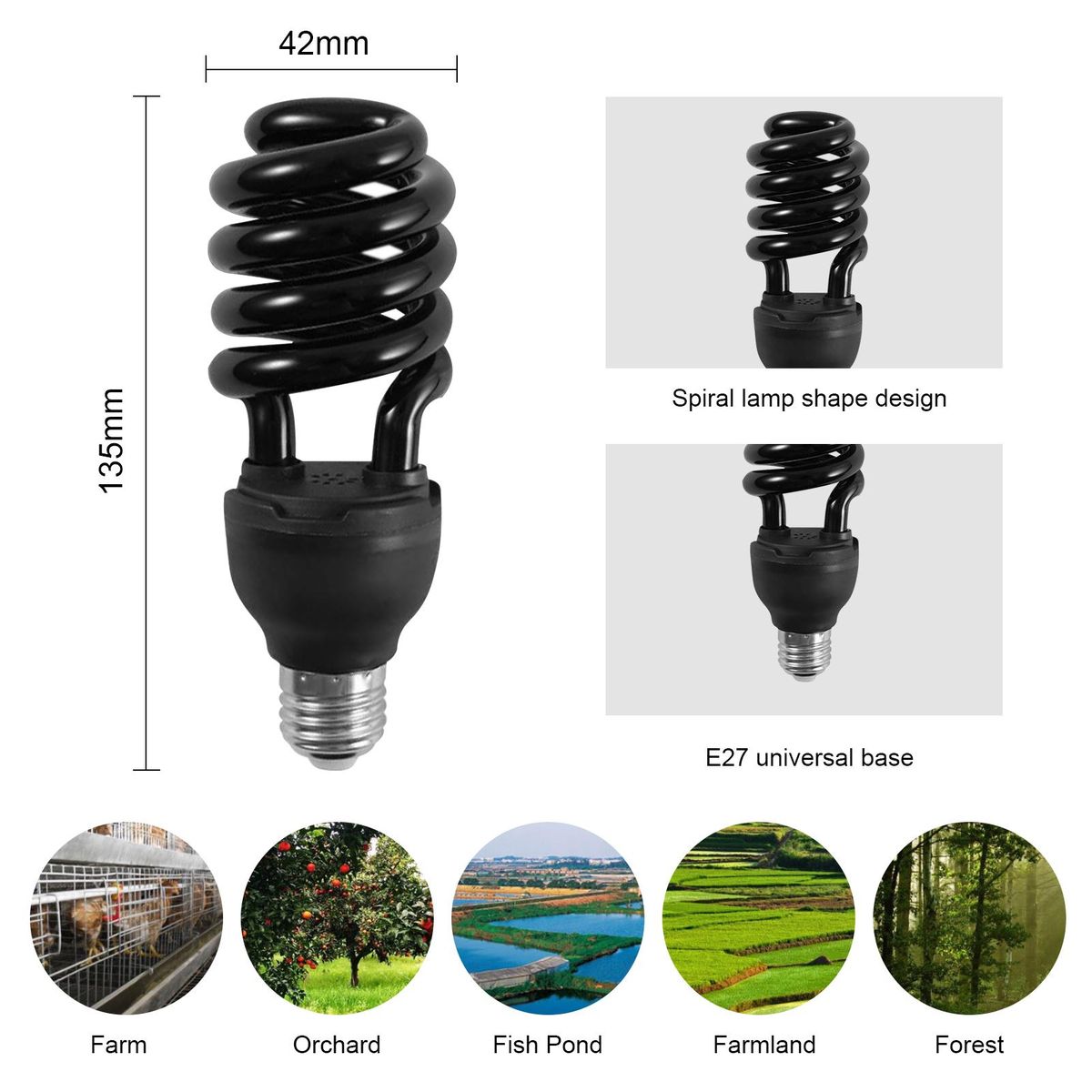 A C110V 20W Insects Trap Catcher Light Bulbs Spiral Shaped E27 Base Socket Holder 365NM Wavelength for Mosquitoes Gnats Moths Fruit Flies Farm Pound Portable