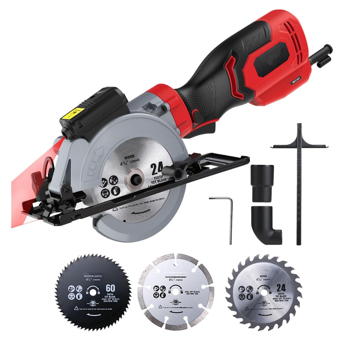 Mini Circular Saw,  750W  6.2A  3500RPM Compact Circular Saw with Laser Electric Saw with 3 Saw Blades Cutting Depth 90° (48mm), 45° (32mm) Ideal for Wood, PVC Pipe, Soft Metal, Tile, Plastic